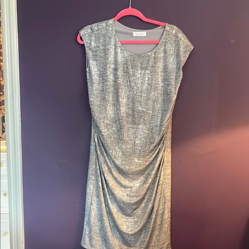 Calvin Klein Silver Ruched Asymmetrical Sheath Dress